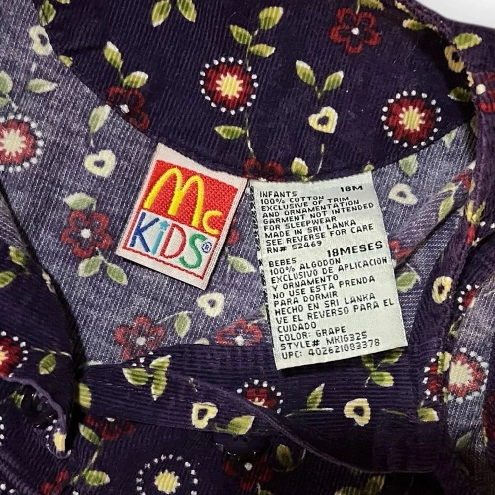Vintage 90's 100% Cotton Floral McKids Corduroy Infant Dress 18m McDonald's Corp